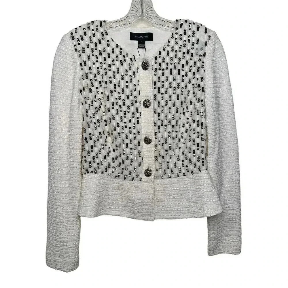 St. John Sequin Embellished Cropped Button Down Cardigan Cream Ivory Size 4 NWT